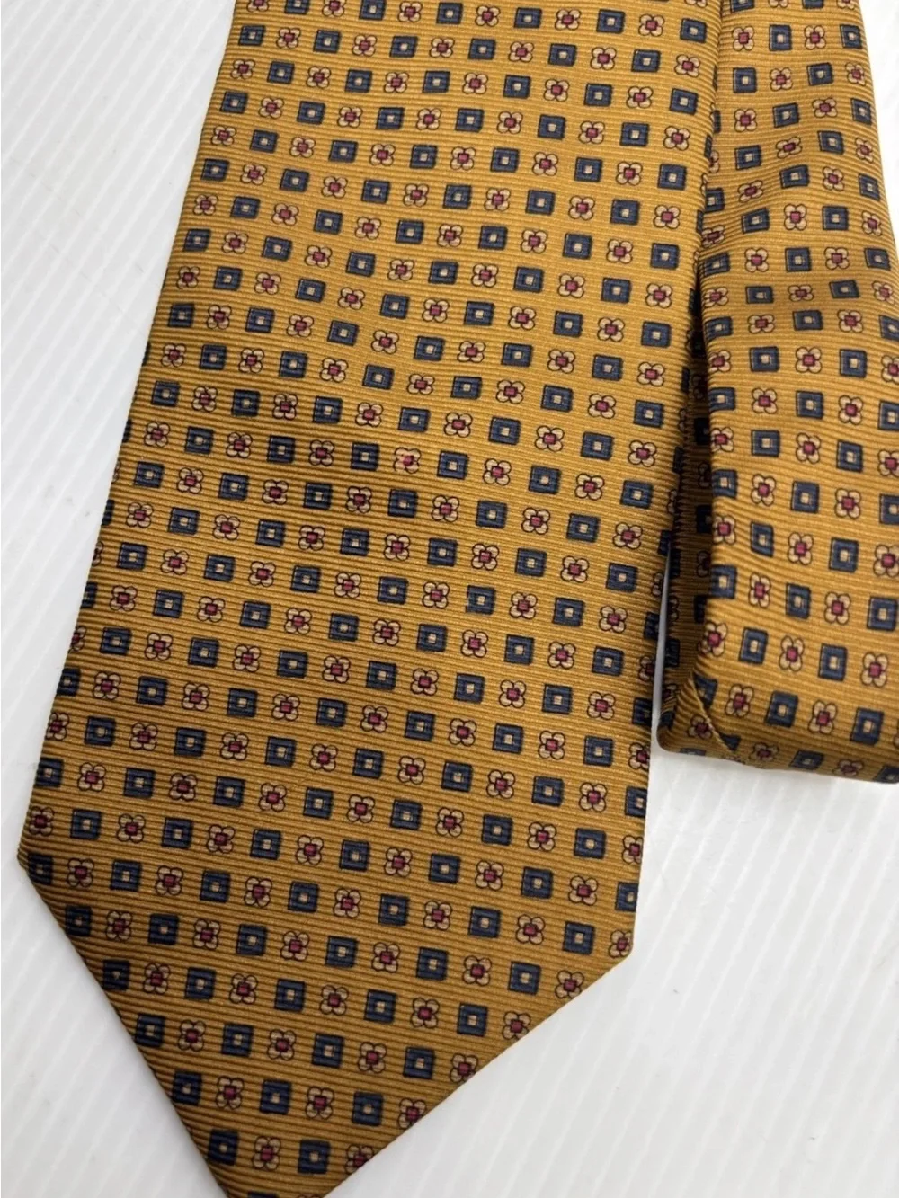 Brooks Brothers Silk Tie With Navy Gold And Red Geometric Medallion Pattern USA